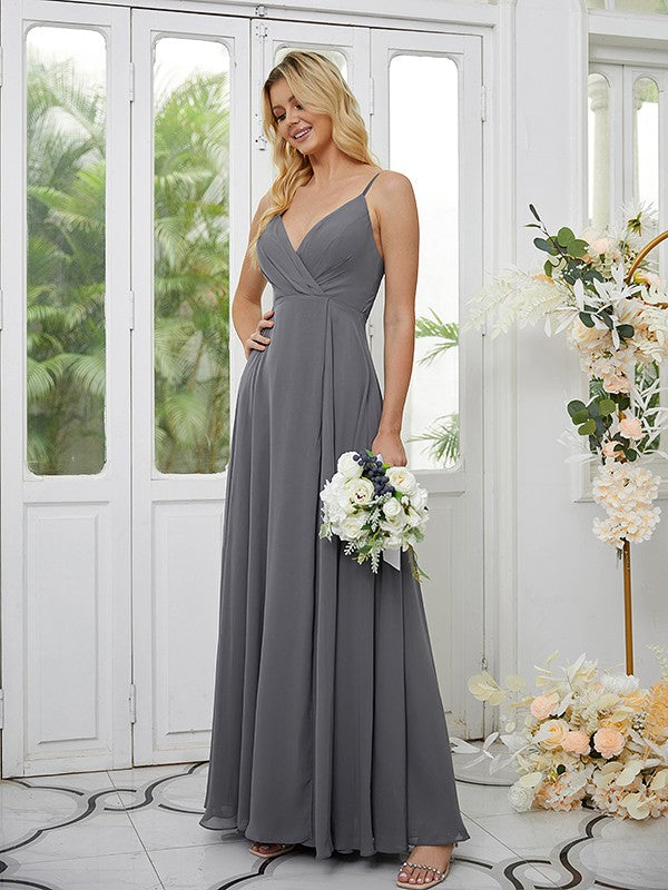 A-Line/Princess Chiffon Ruched V-neck Sleeveless Floor-Length Bridesmaid Dresses Formal Evening Dress