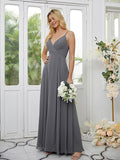 A-Line/Princess Chiffon Ruched V-neck Sleeveless Floor-Length Bridesmaid Dresses Formal Evening Dress