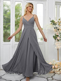 A-Line/Princess Chiffon Ruched V-neck Sleeveless Floor-Length Bridesmaid Dresses Formal Evening Dress