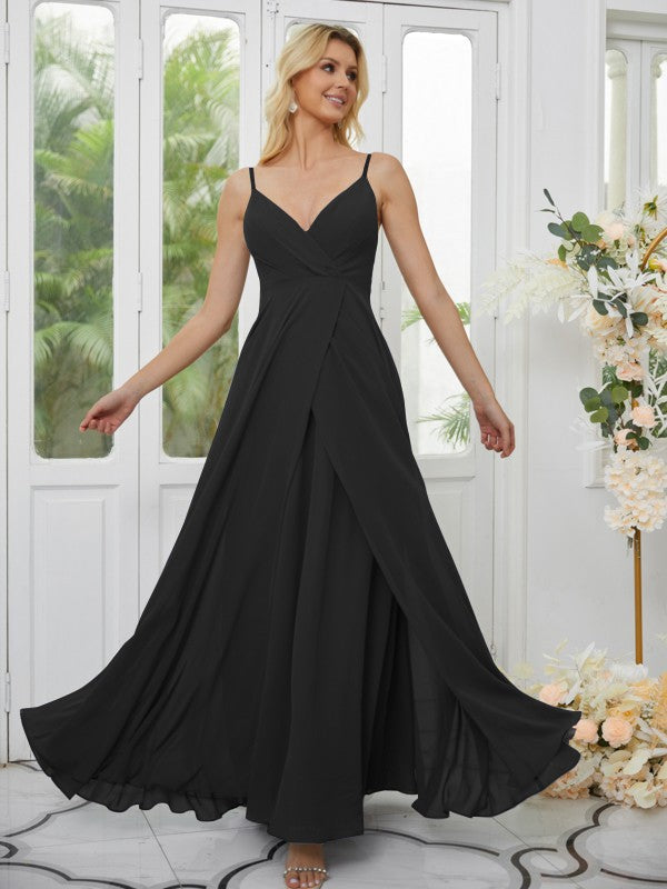 A-Line/Princess Chiffon Ruched V-neck Sleeveless Floor-Length Bridesmaid Dresses Formal Evening Dress