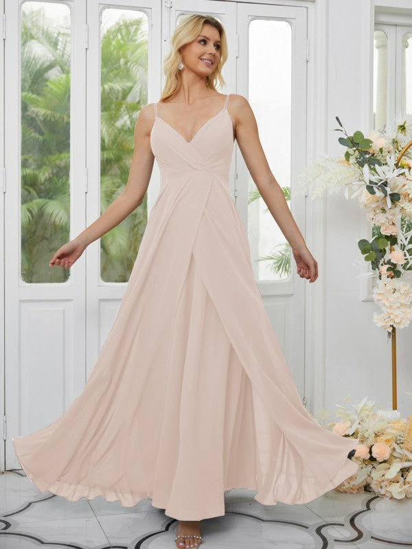 A-Line/Princess Chiffon Ruched V-neck Sleeveless Floor-Length Bridesmaid Dresses Formal Evening Dress