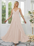 A-Line/Princess Chiffon Ruched V-neck Sleeveless Floor-Length Bridesmaid Dresses Formal Evening Dress