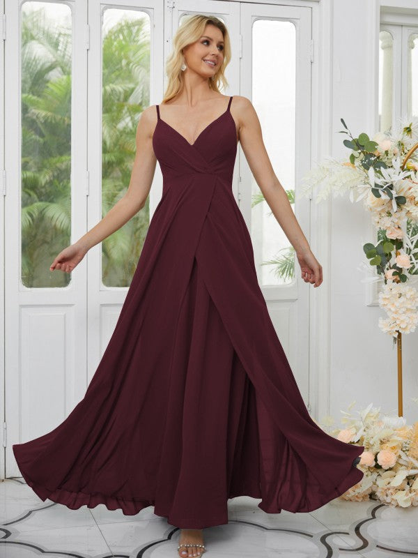 A-Line/Princess Chiffon Ruched V-neck Sleeveless Floor-Length Bridesmaid Dresses Formal Evening Dress