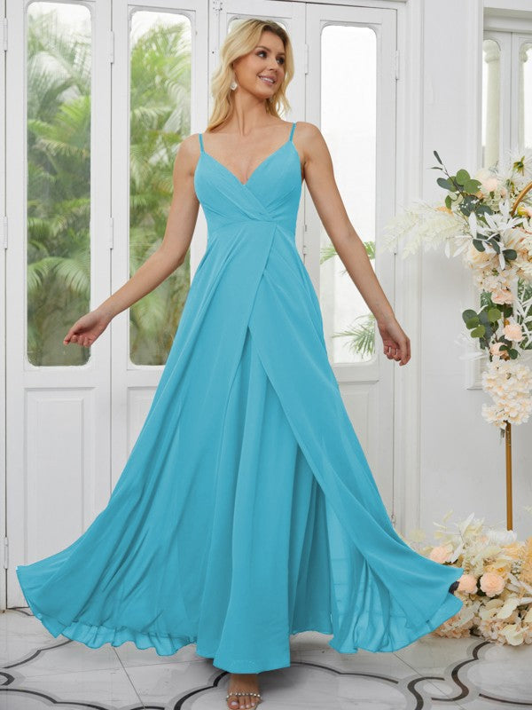 A-Line/Princess Chiffon Ruched V-neck Sleeveless Floor-Length Bridesmaid Dresses Formal Evening Dress