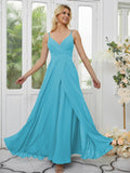 A-Line/Princess Chiffon Ruched V-neck Sleeveless Floor-Length Bridesmaid Dresses Formal Evening Dress