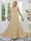A-Line/Princess Chiffon Ruched V-neck Sleeveless Floor-Length Bridesmaid Dresses Formal Evening Dress
