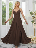 A-Line/Princess Chiffon Ruched V-neck Sleeveless Floor-Length Bridesmaid Dresses Formal Evening Dress