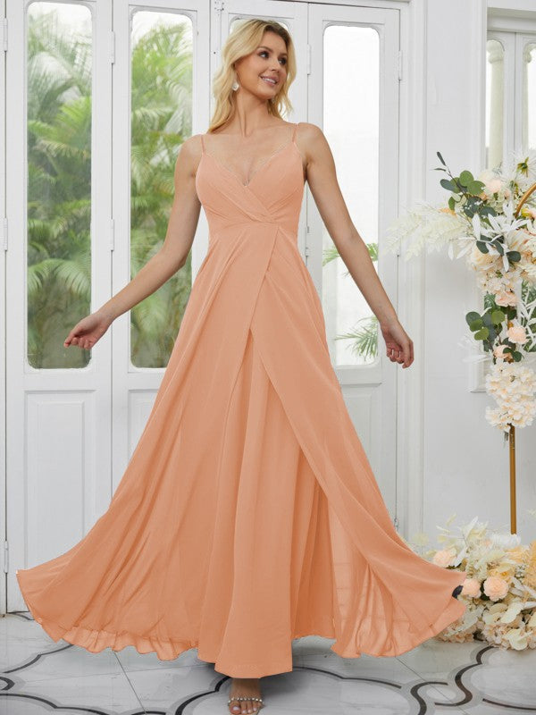 A-Line/Princess Chiffon Ruched V-neck Sleeveless Floor-Length Bridesmaid Dresses Formal Evening Dress