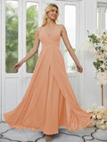 A-Line/Princess Chiffon Ruched V-neck Sleeveless Floor-Length Bridesmaid Dresses Formal Evening Dress
