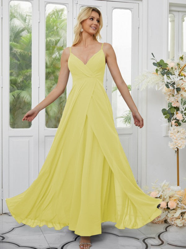 A-Line/Princess Chiffon Ruched V-neck Sleeveless Floor-Length Bridesmaid Dresses Formal Evening Dress