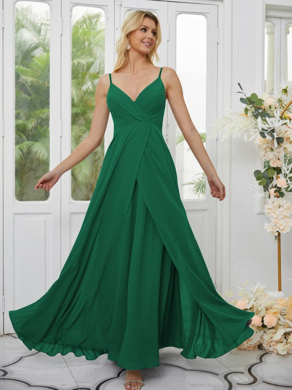 A-Line/Princess Chiffon Ruched V-neck Sleeveless Floor-Length Bridesmaid Dresses Formal Evening Dress