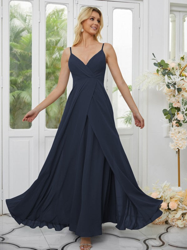 A-Line/Princess Chiffon Ruched V-neck Sleeveless Floor-Length Bridesmaid Dresses Formal Evening Dress