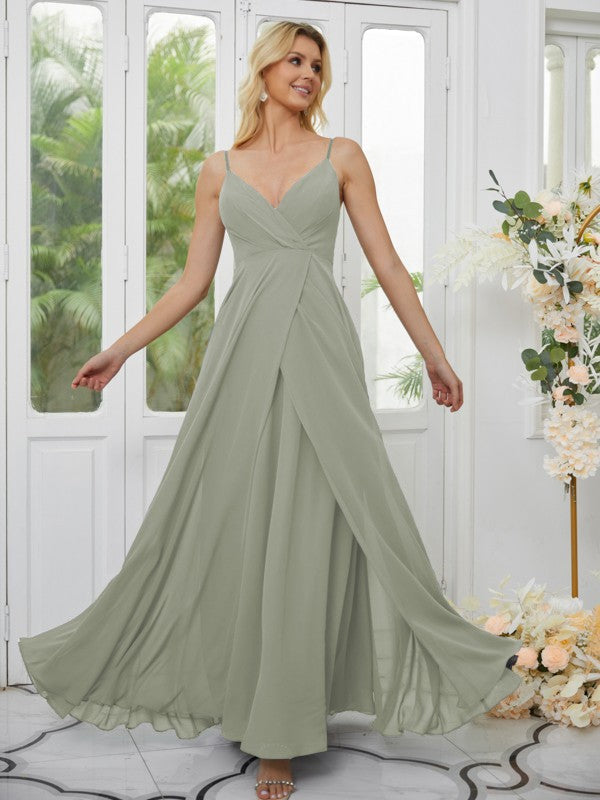 A-Line/Princess Chiffon Ruched V-neck Sleeveless Floor-Length Bridesmaid Dresses Formal Evening Dress