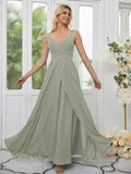 A-Line/Princess Chiffon Ruched V-neck Sleeveless Floor-Length Bridesmaid Dresses Formal Evening Dress