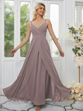 A-Line/Princess Chiffon Ruched V-neck Sleeveless Floor-Length Bridesmaid Dresses Formal Evening Dress