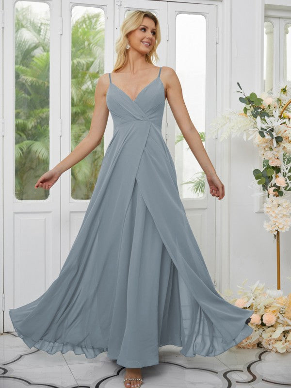 A-Line/Princess Chiffon Ruched V-neck Sleeveless Floor-Length Bridesmaid Dresses Formal Evening Dress