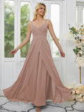 A-Line/Princess Chiffon Ruched V-neck Sleeveless Floor-Length Bridesmaid Dresses Formal Evening Dress