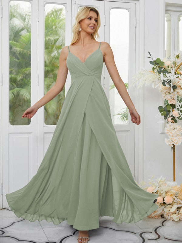 A-Line/Princess Chiffon Ruched V-neck Sleeveless Floor-Length Bridesmaid Dresses Formal Evening Dress