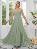 A-Line/Princess Chiffon Ruched V-neck Sleeveless Floor-Length Bridesmaid Dresses Formal Evening Dress