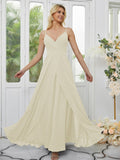 A-Line/Princess Chiffon Ruched V-neck Sleeveless Floor-Length Bridesmaid Dresses Formal Evening Dress