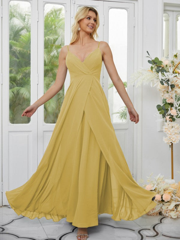 A-Line/Princess Chiffon Ruched V-neck Sleeveless Floor-Length Bridesmaid Dresses Formal Evening Dress
