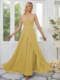 A-Line/Princess Chiffon Ruched V-neck Sleeveless Floor-Length Bridesmaid Dresses Formal Evening Dress