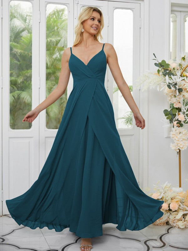 A-Line/Princess Chiffon Ruched V-neck Sleeveless Floor-Length Bridesmaid Dresses Formal Evening Dress