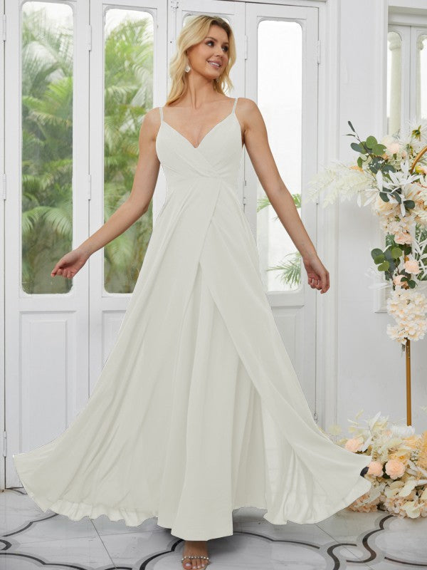 A-Line/Princess Chiffon Ruched V-neck Sleeveless Floor-Length Bridesmaid Dresses Formal Evening Dress