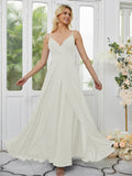 A-Line/Princess Chiffon Ruched V-neck Sleeveless Floor-Length Bridesmaid Dresses Formal Evening Dress