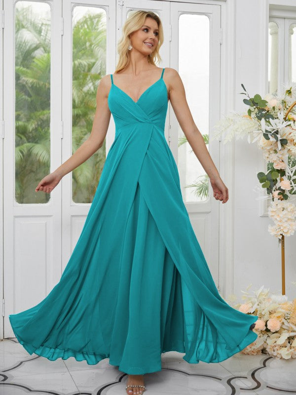 A-Line/Princess Chiffon Ruched V-neck Sleeveless Floor-Length Bridesmaid Dresses Formal Evening Dress