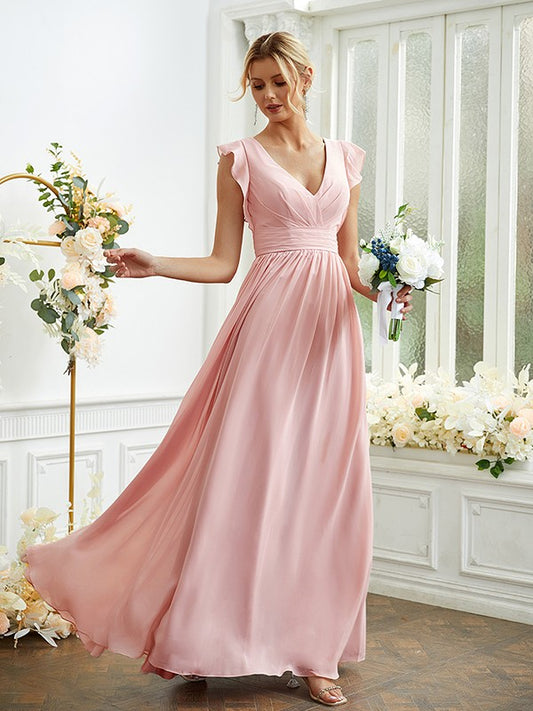 A-Line/Princess Chiffon Ruched V-neck Sleeveless Floor-Length Bridesmaid Dresses Evening Prom Dress
