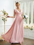 A-Line/Princess Chiffon Ruched V-neck Sleeveless Floor-Length Bridesmaid Dresses Evening Prom Dress