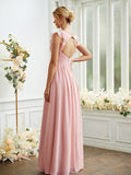 A-Line/Princess Chiffon Ruched V-neck Sleeveless Floor-Length Bridesmaid Dresses Evening Prom Dress