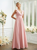 A-Line/Princess Chiffon Ruched V-neck Sleeveless Floor-Length Bridesmaid Dresses Evening Prom Dress