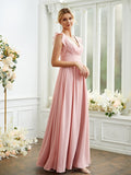 A-Line/Princess Chiffon Ruched V-neck Sleeveless Floor-Length Bridesmaid Dresses Evening Prom Dress