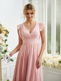 A-Line/Princess Chiffon Ruched V-neck Sleeveless Floor-Length Bridesmaid Dresses Evening Prom Dress