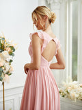 A-Line/Princess Chiffon Ruched V-neck Sleeveless Floor-Length Bridesmaid Dresses Evening Prom Dress