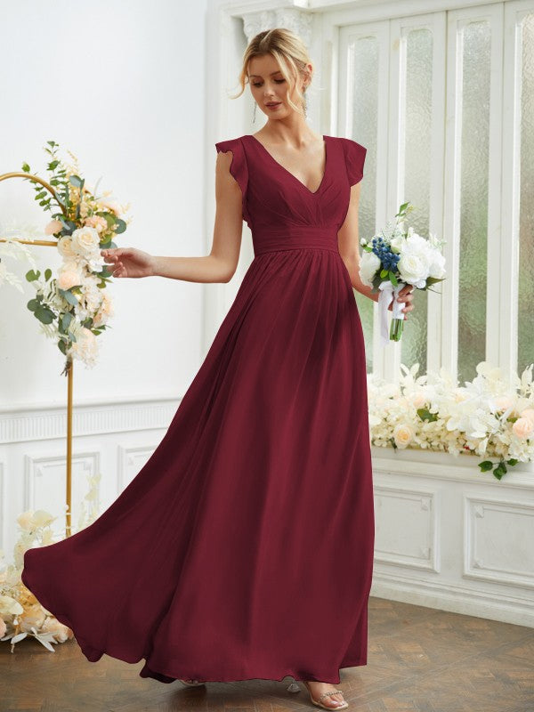 A-Line/Princess Chiffon Ruched V-neck Sleeveless Floor-Length Bridesmaid Dresses Evening Prom Dress