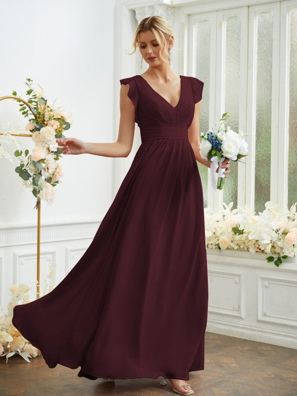 A-Line/Princess Chiffon Ruched V-neck Sleeveless Floor-Length Bridesmaid Dresses Evening Prom Dress