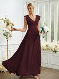 A-Line/Princess Chiffon Ruched V-neck Sleeveless Floor-Length Bridesmaid Dresses Evening Prom Dress