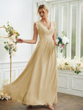 A-Line/Princess Chiffon Ruched V-neck Sleeveless Floor-Length Bridesmaid Dresses Evening Prom Dress