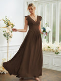 A-Line/Princess Chiffon Ruched V-neck Sleeveless Floor-Length Bridesmaid Dresses Evening Prom Dress