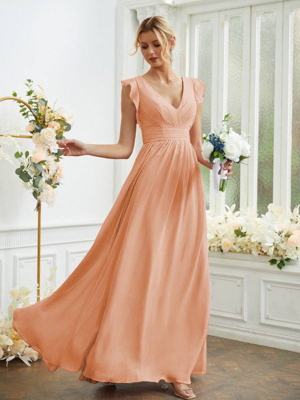 A-Line/Princess Chiffon Ruched V-neck Sleeveless Floor-Length Bridesmaid Dresses Evening Prom Dress