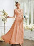 A-Line/Princess Chiffon Ruched V-neck Sleeveless Floor-Length Bridesmaid Dresses Evening Prom Dress