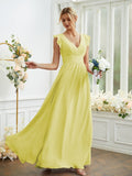 A-Line/Princess Chiffon Ruched V-neck Sleeveless Floor-Length Bridesmaid Dresses Evening Prom Dress