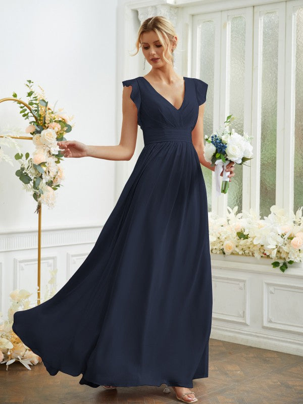 A-Line/Princess Chiffon Ruched V-neck Sleeveless Floor-Length Bridesmaid Dresses Evening Prom Dress