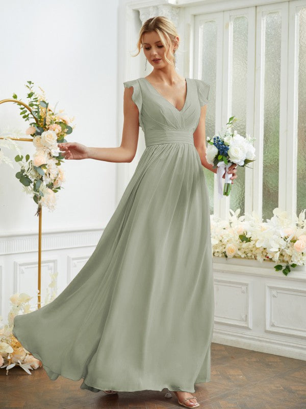 A-Line/Princess Chiffon Ruched V-neck Sleeveless Floor-Length Bridesmaid Dresses Evening Prom Dress