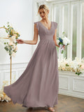 A-Line/Princess Chiffon Ruched V-neck Sleeveless Floor-Length Bridesmaid Dresses Evening Prom Dress