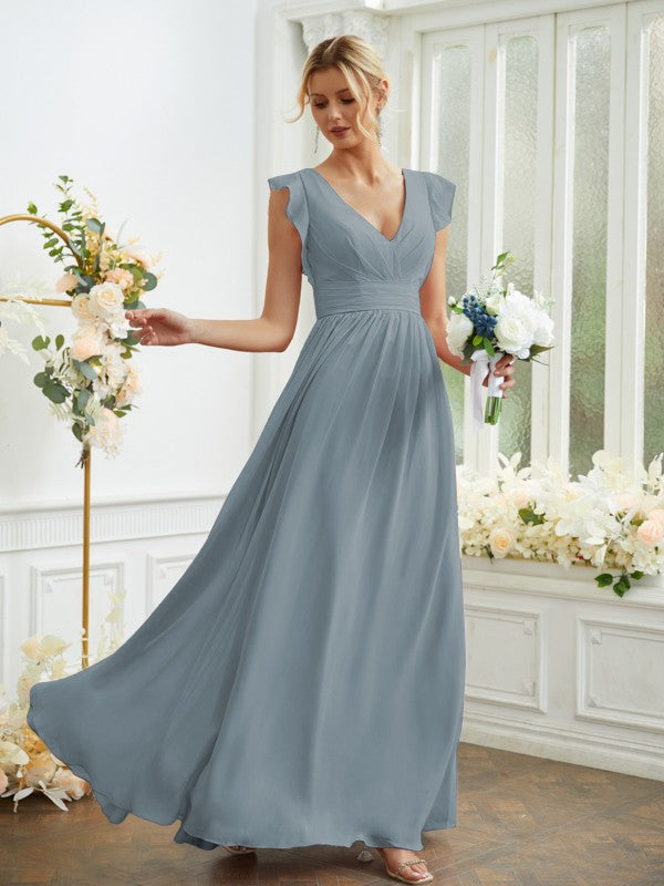 A-Line/Princess Chiffon Ruched V-neck Sleeveless Floor-Length Bridesmaid Dresses Evening Prom Dress