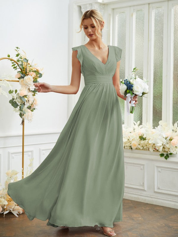 A-Line/Princess Chiffon Ruched V-neck Sleeveless Floor-Length Bridesmaid Dresses Evening Prom Dress